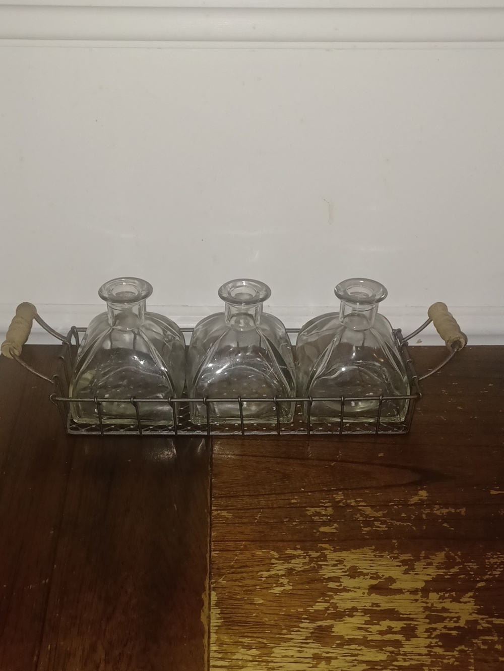 Rustic Farmhouse 3-Bottle Glass Caddy Set with Wood Handles